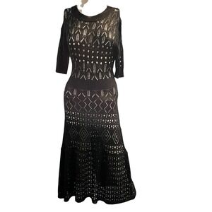Blue Ivy Dress Black Open Knit Crochet Maxi Fitted Tiered S Boho Chic Beach